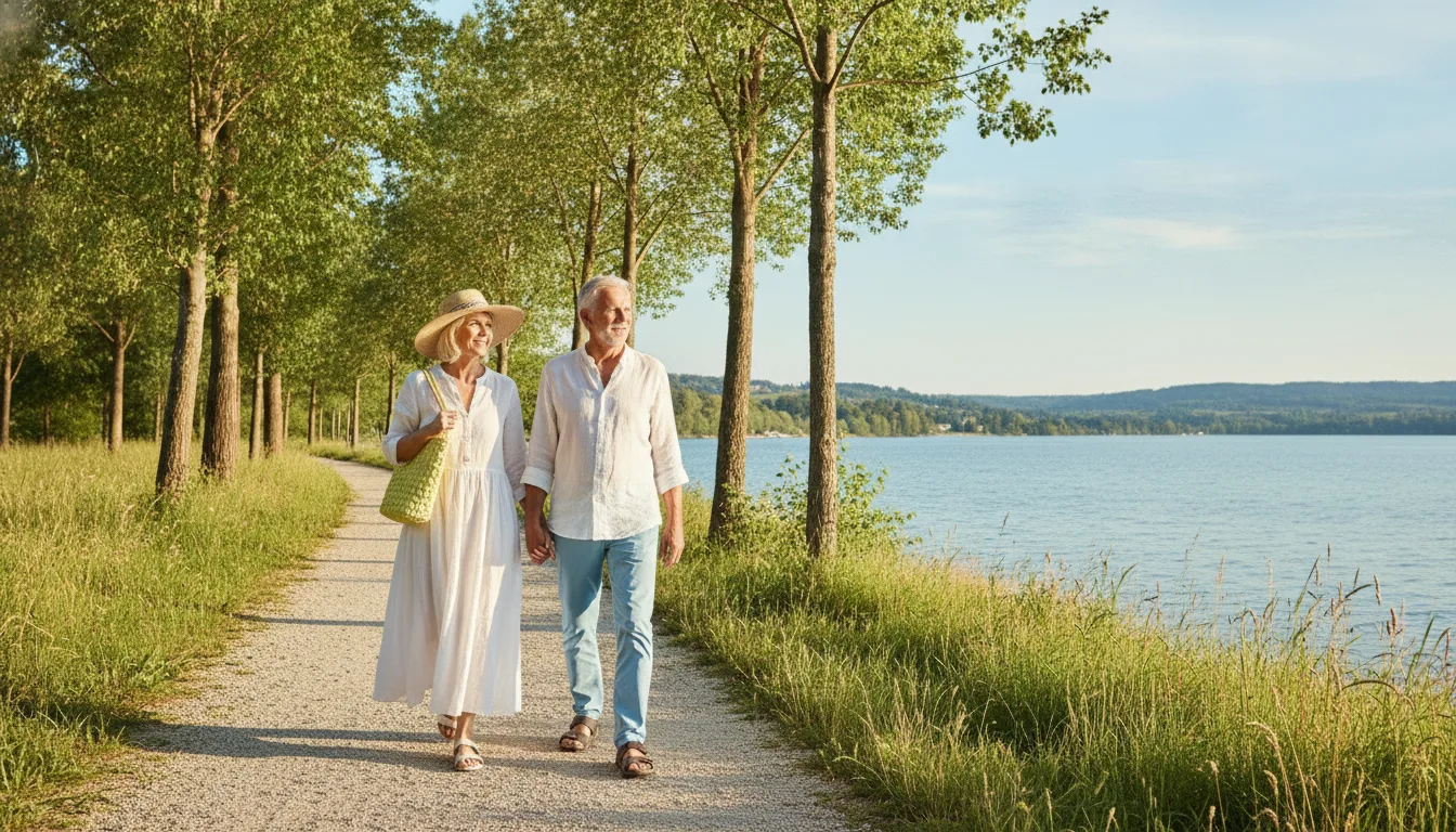 Couple de seniors marchant le long d'un lac