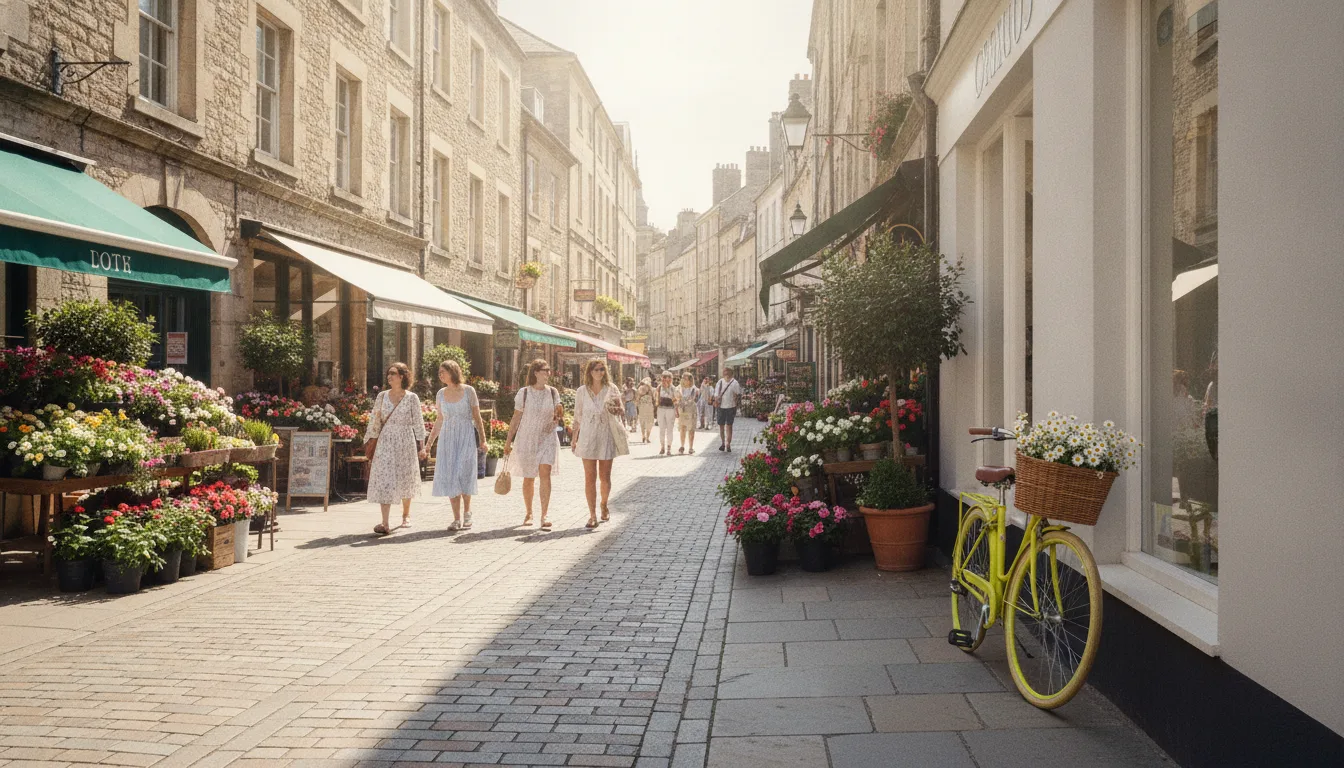 Rue piétonne fleurie avec boutiques