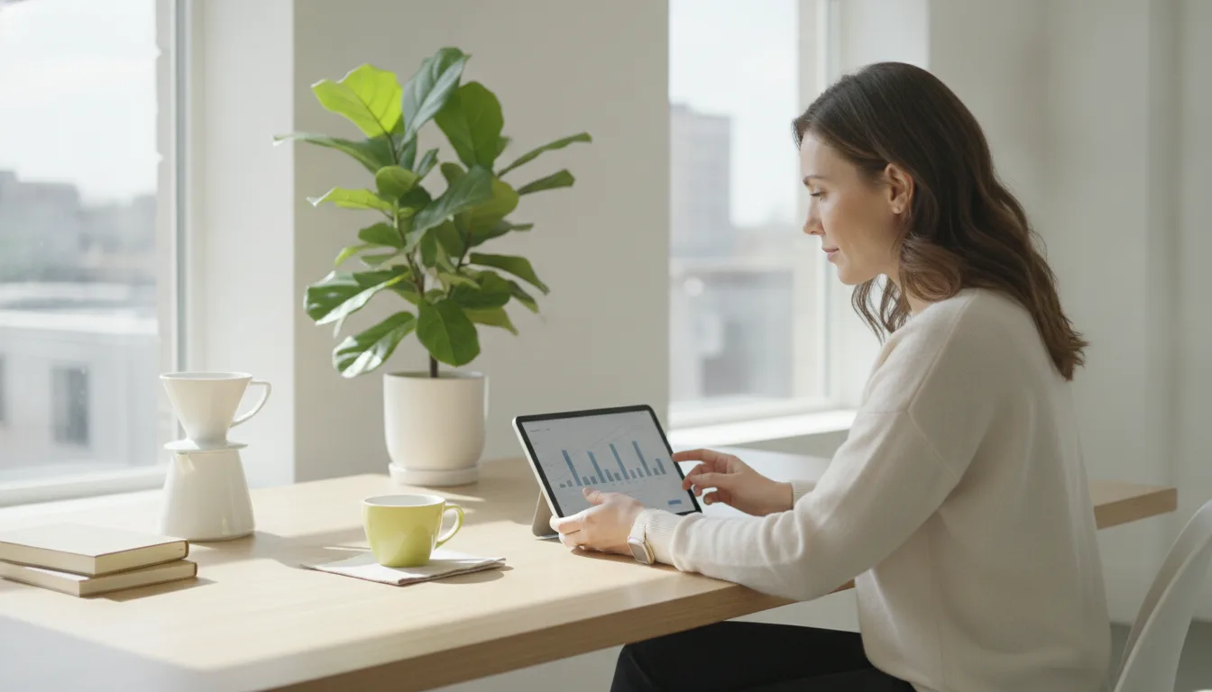 Femme avec une tablette devant une plante verte