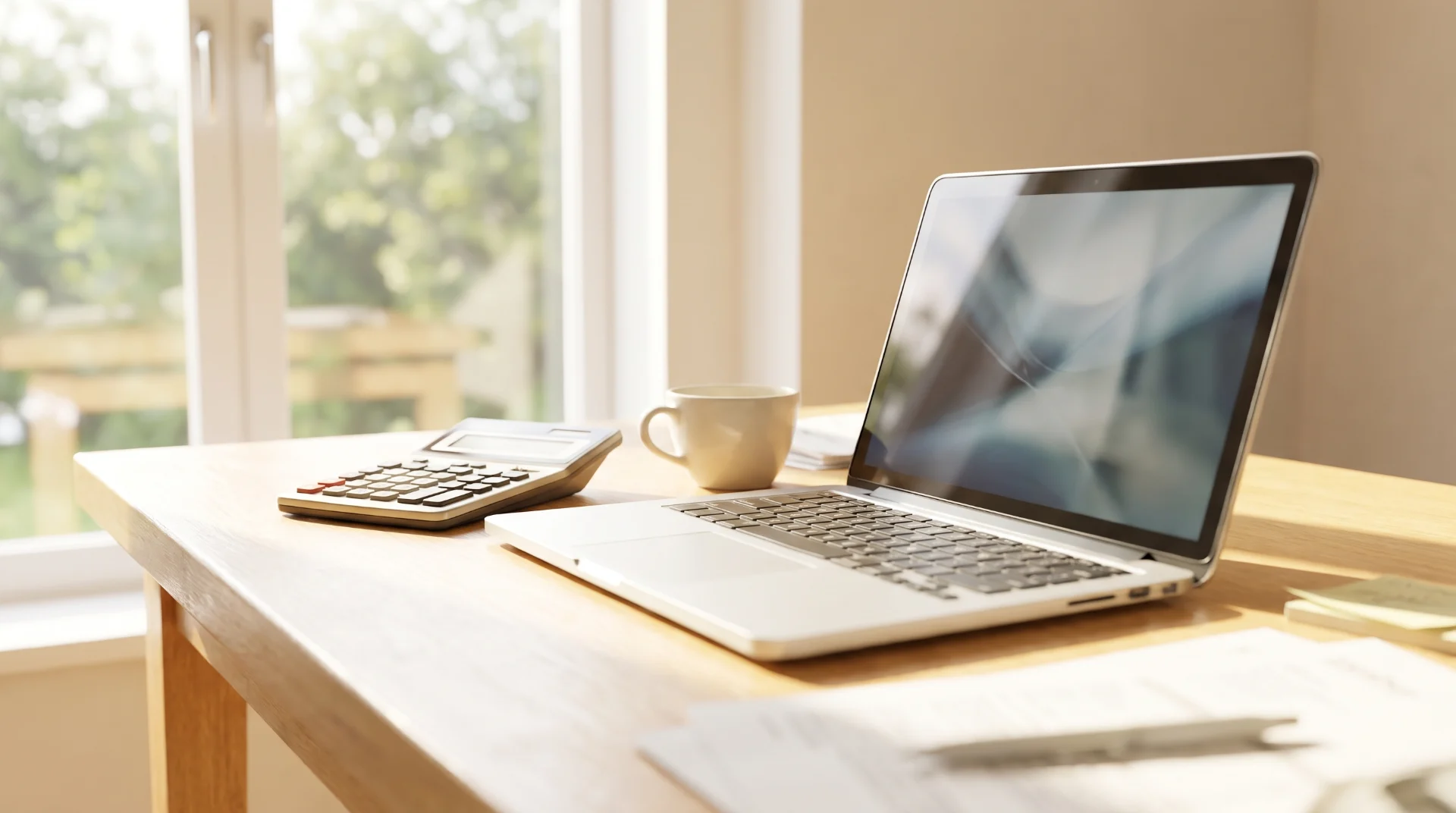 Bureau lumineux avec ordinateur portable et calculatrice