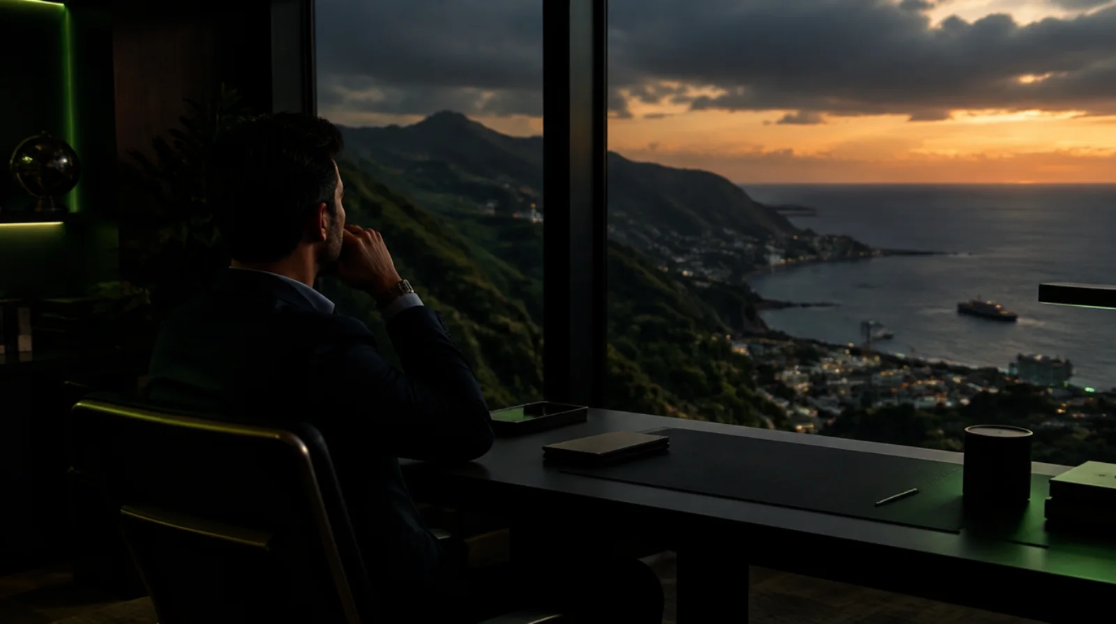 Depuis son bureau, un homme admire la vue imprenable sur la baie de Funchal.
