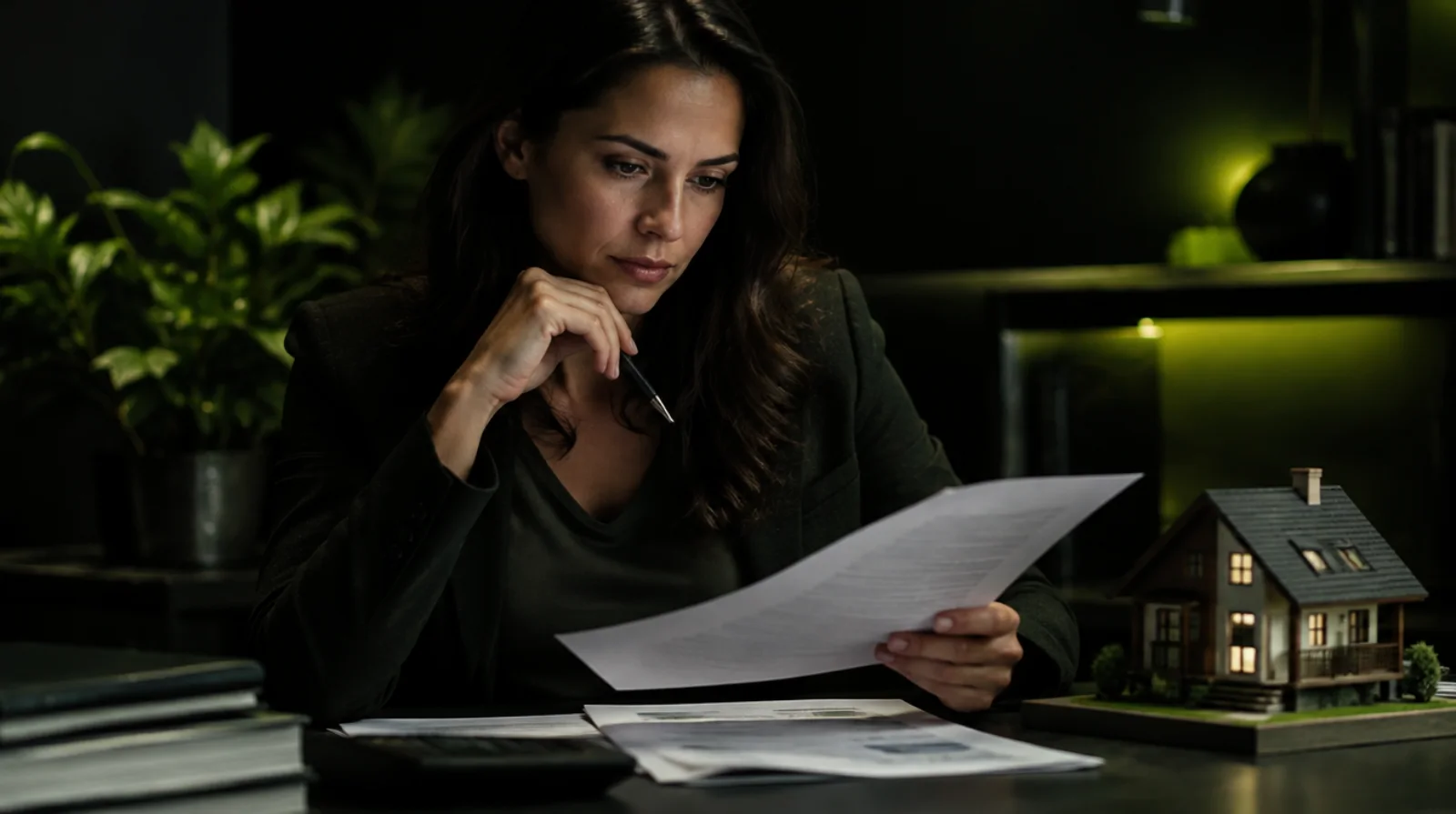 Une femme examine attentivement les documents liés à la propriété et à la fiscalité.