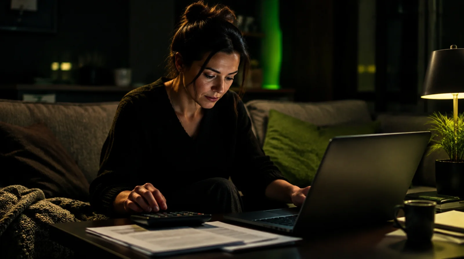 Une femme assise sur son canapé, en train de faire ses calculs d’impôts à la maison.