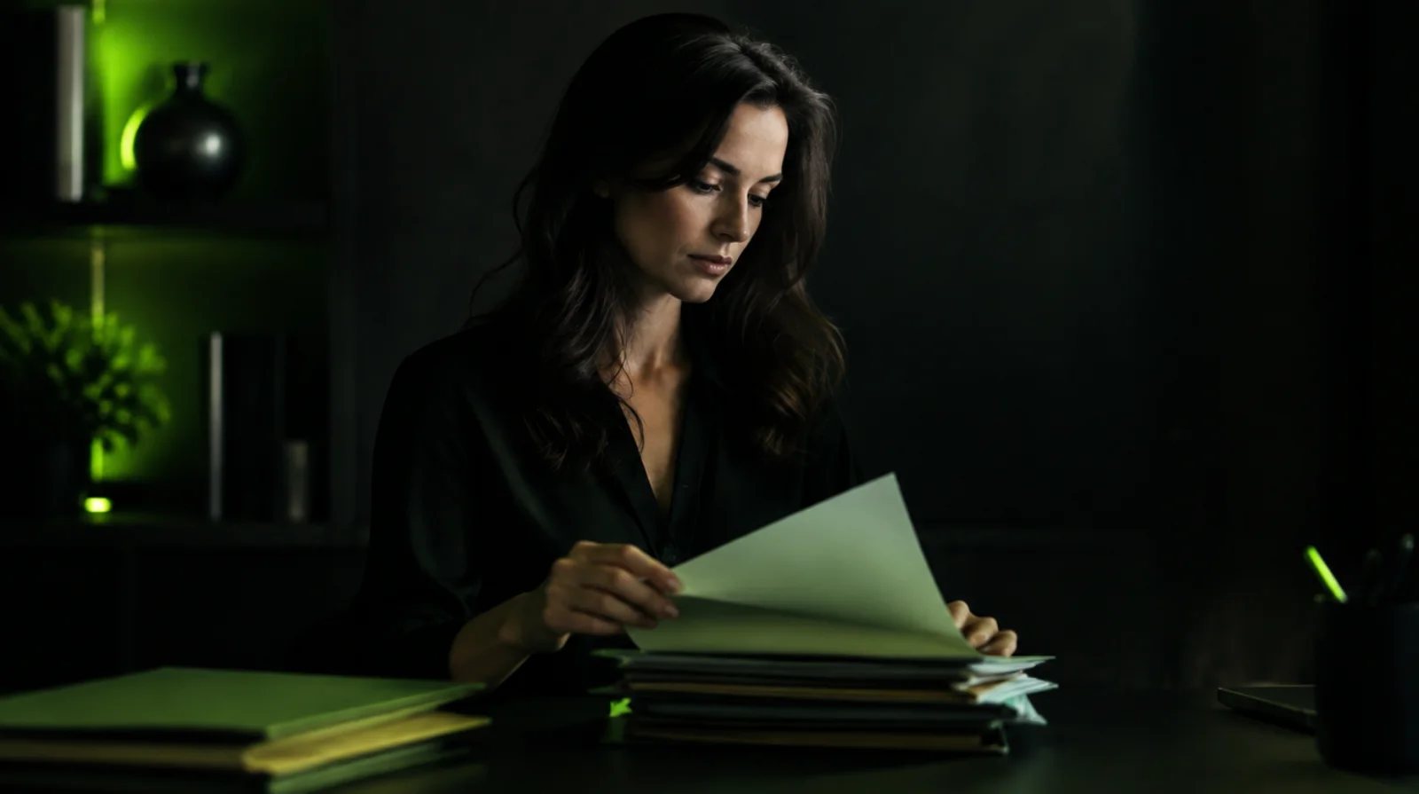 Une femme trie et classe ses papiers pour préparer sa retraite et faire le point sur son patrimoine.
