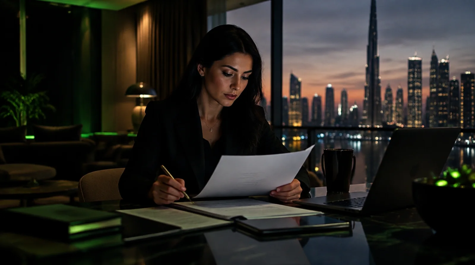 Une femme passe en revue ses documents fiscaux, installée à une table à Dubaï.
