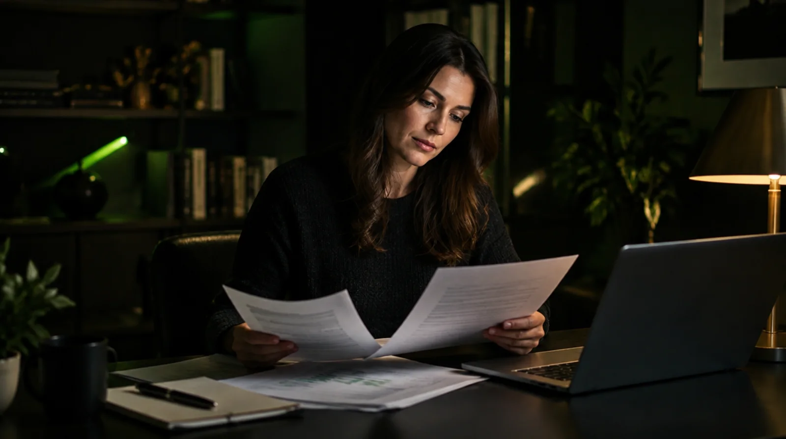 Une femme organise ses documents financiers à son bureau, chez elle.