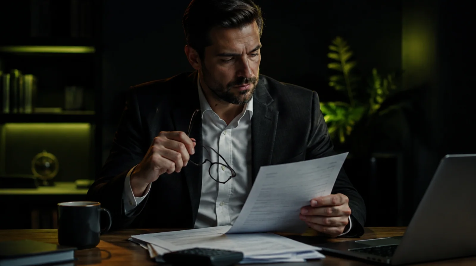 Un homme passe en revue ses déclarations fiscales, installé à son bureau en bois.