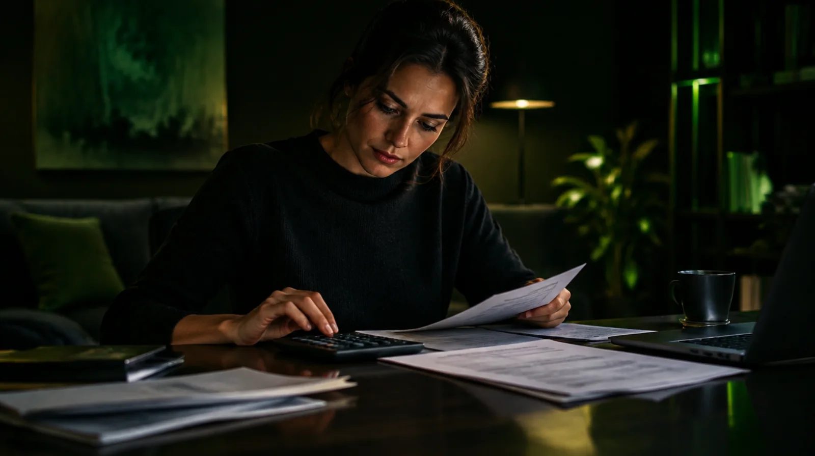 Une femme fait ses comptes chez elle, entourée de factures et de documents financiers.