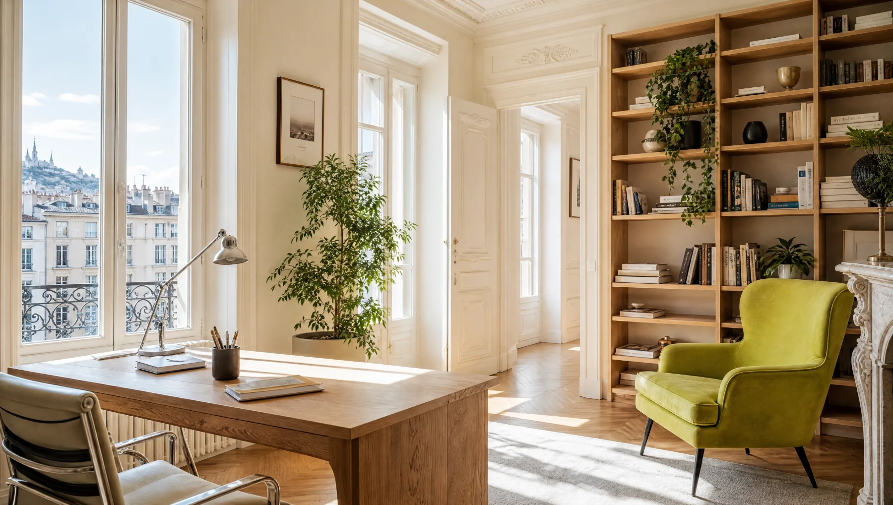 Le cabinet à Lyon : bureau en bois, fauteuil vert anis et bibliothèque