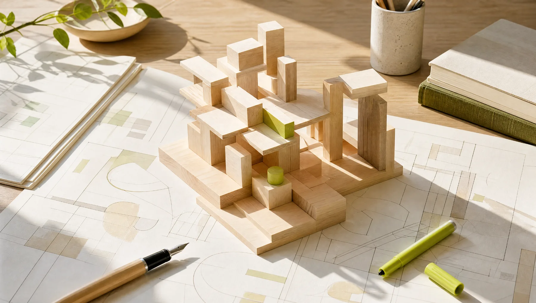 Maquette en blocs de bois sur des plans, stylo plume et marqueur vert