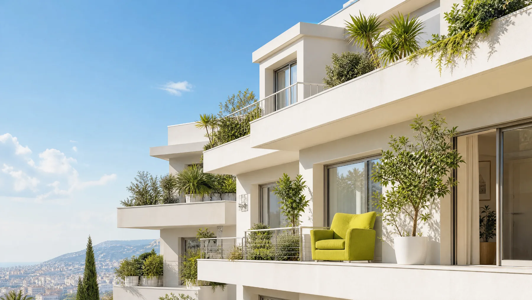 Résidence blanche aux terrasses végétalisées sous un ciel bleu