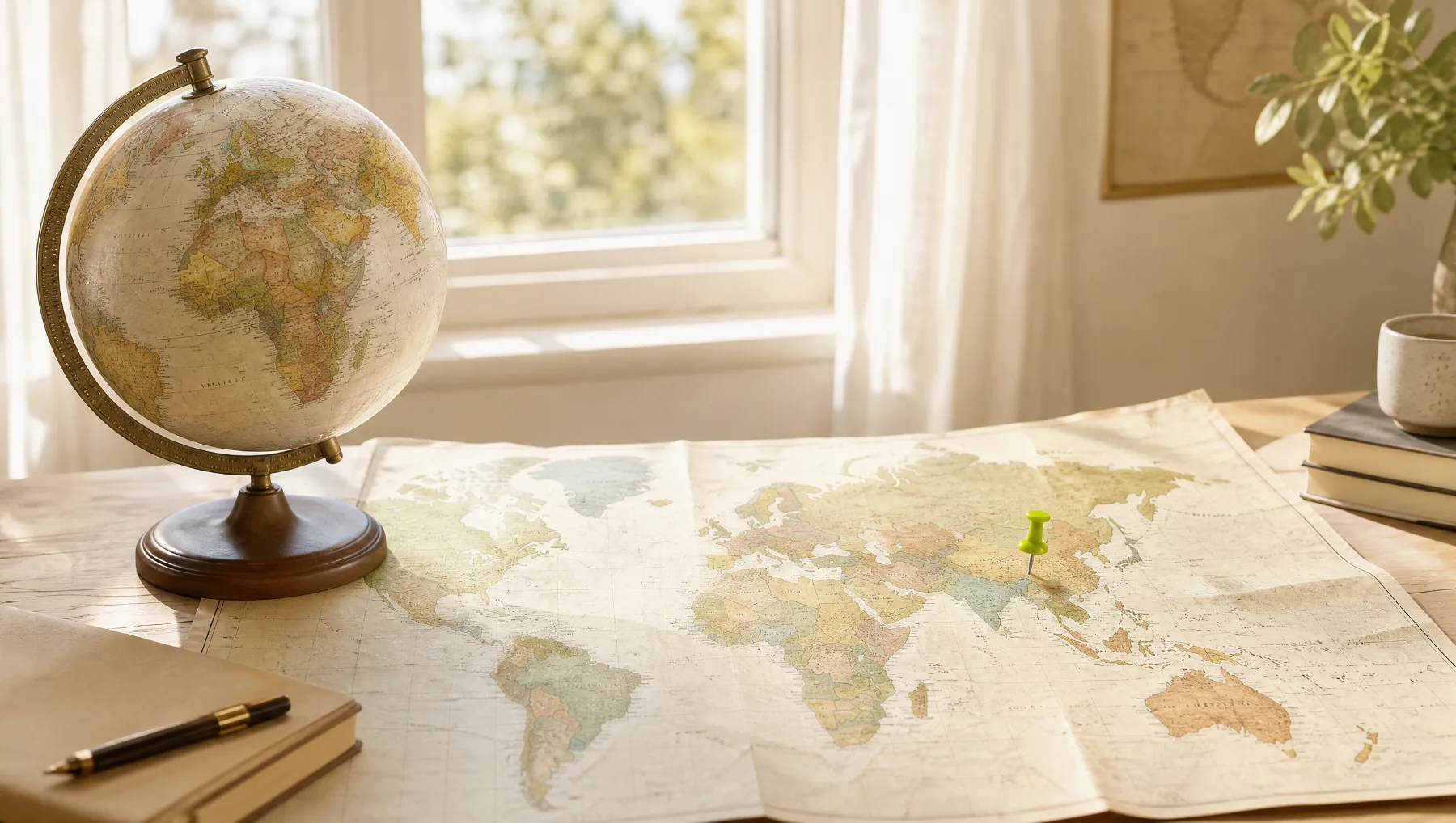 Globe et carte du monde épinglée sur une table près d’une fenêtre