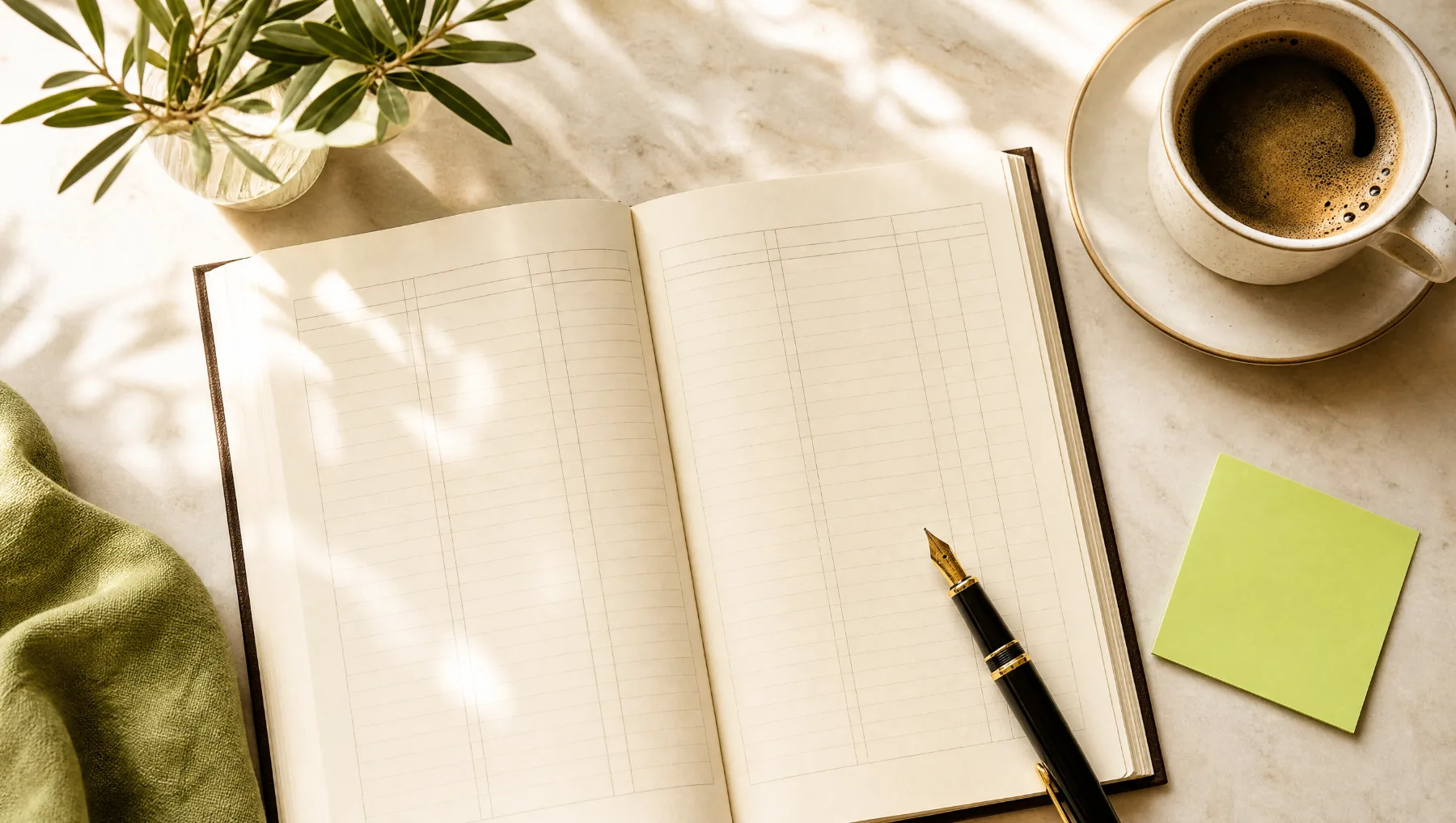 Carnet ouvert, stylo plume, café et pense-bête vert anis