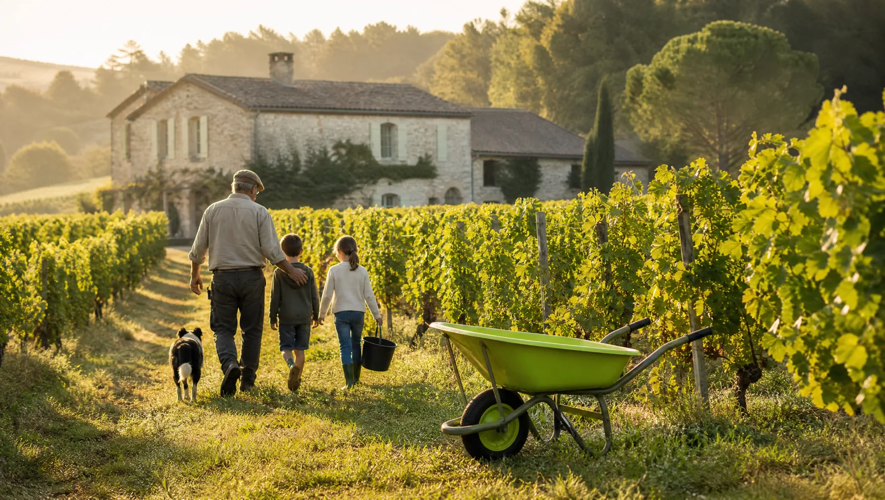 Un grand-père et ses petits-enfants dans une vigne, brouette verte au premier plan