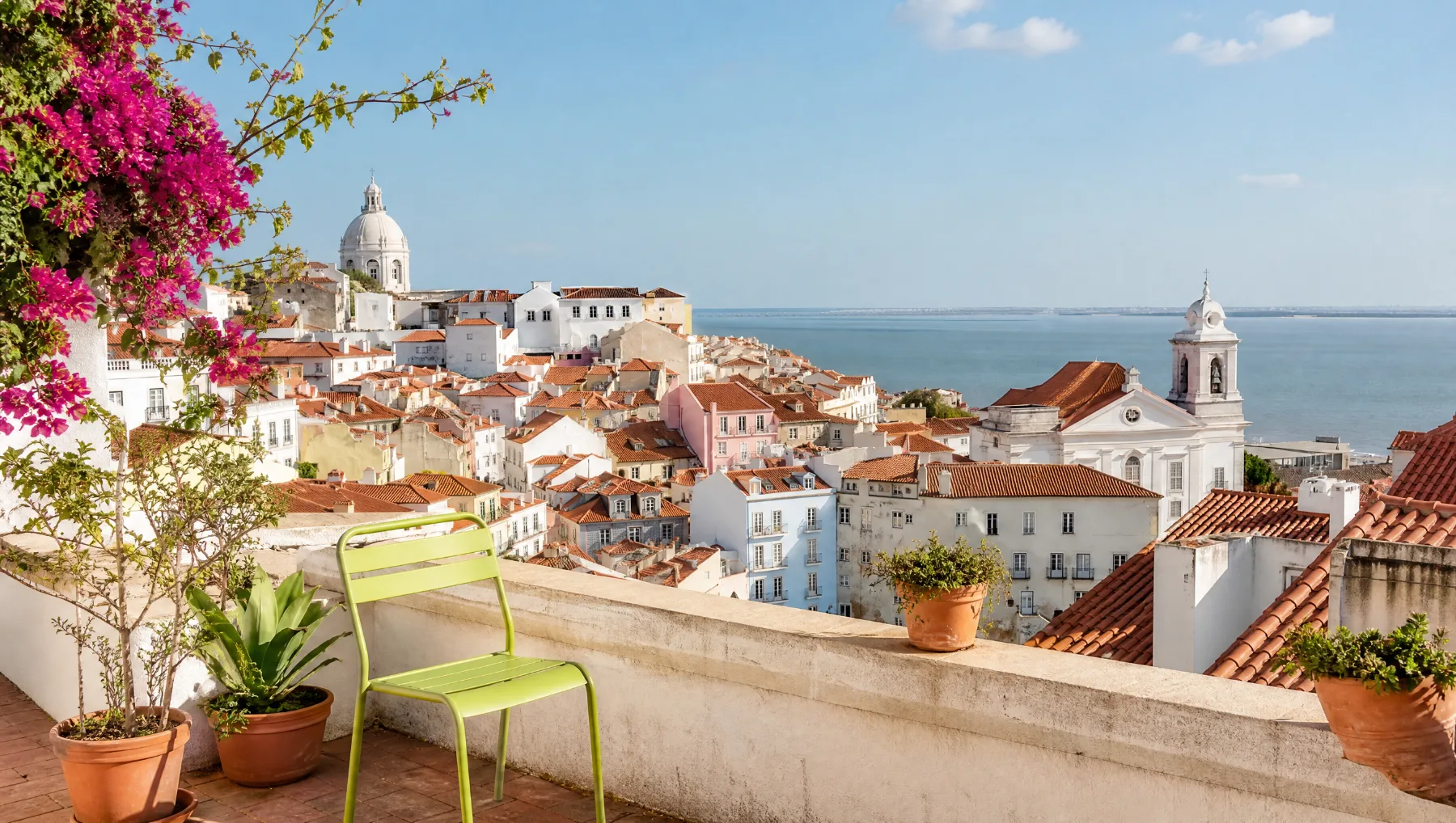 Toits de Lisbonne et l’estuaire depuis une terrasse fleurie