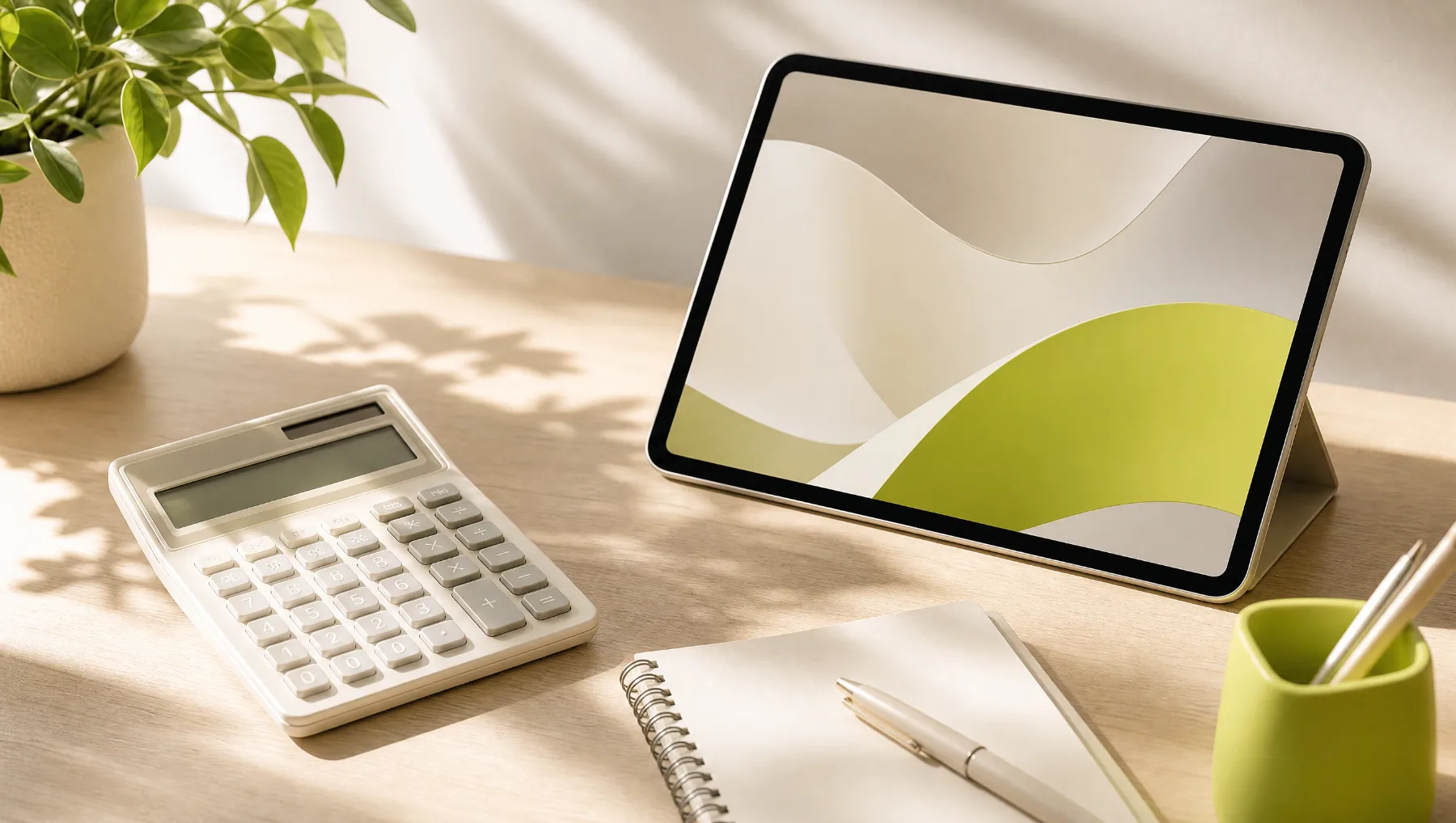 Calculatrice, tablette et carnet sur un bureau lumineux
