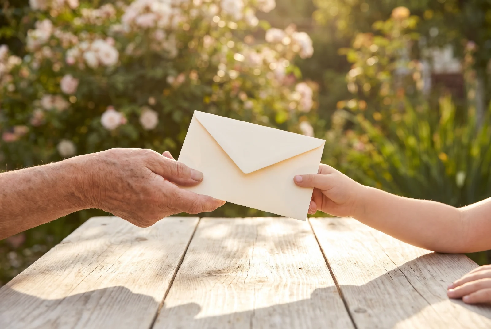 Main d'un grand-père remettant une enveloppe à son petit-fils dans un jardin ensoleillé