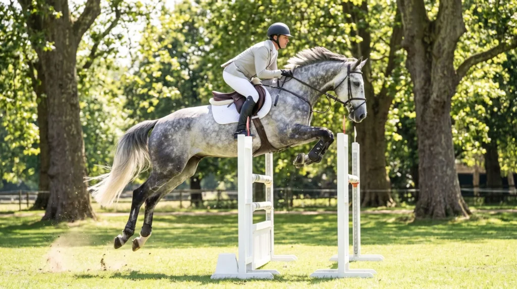 Cavalier et cheval gris franchissant un obstacle blanc dans un parc ombragé
