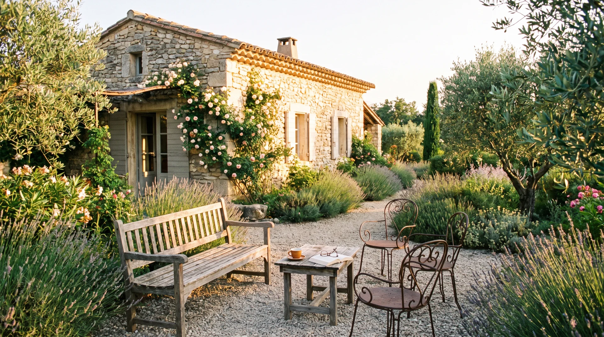 Terrasse ensoleillée d'une maison en pierre avec banc et chaises vides