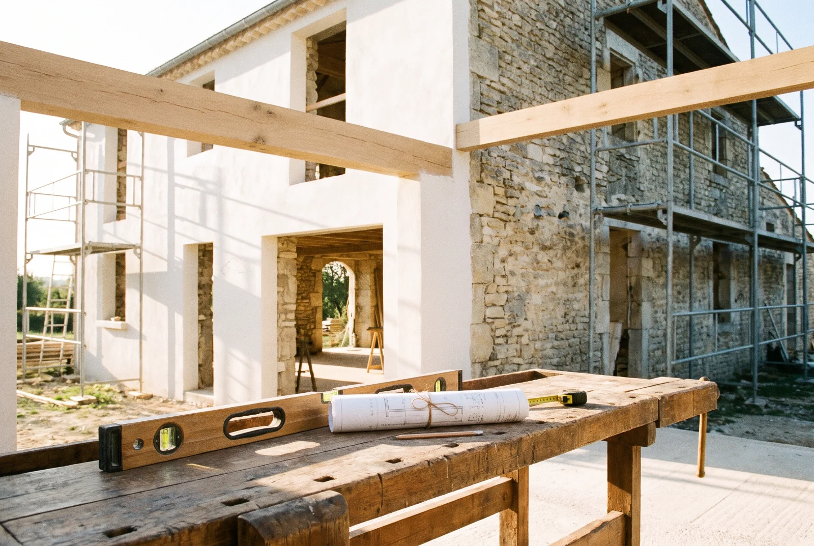 Maison de pierre en rénovation, murs fraîchement enduits et plans d'architecte sur un établi