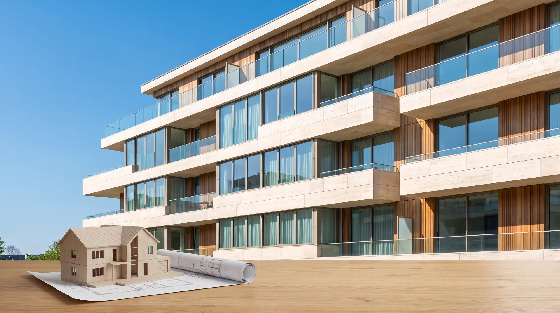 Façade d'immeuble rénové et maquette de maison sur une table en bois, lumière du jour