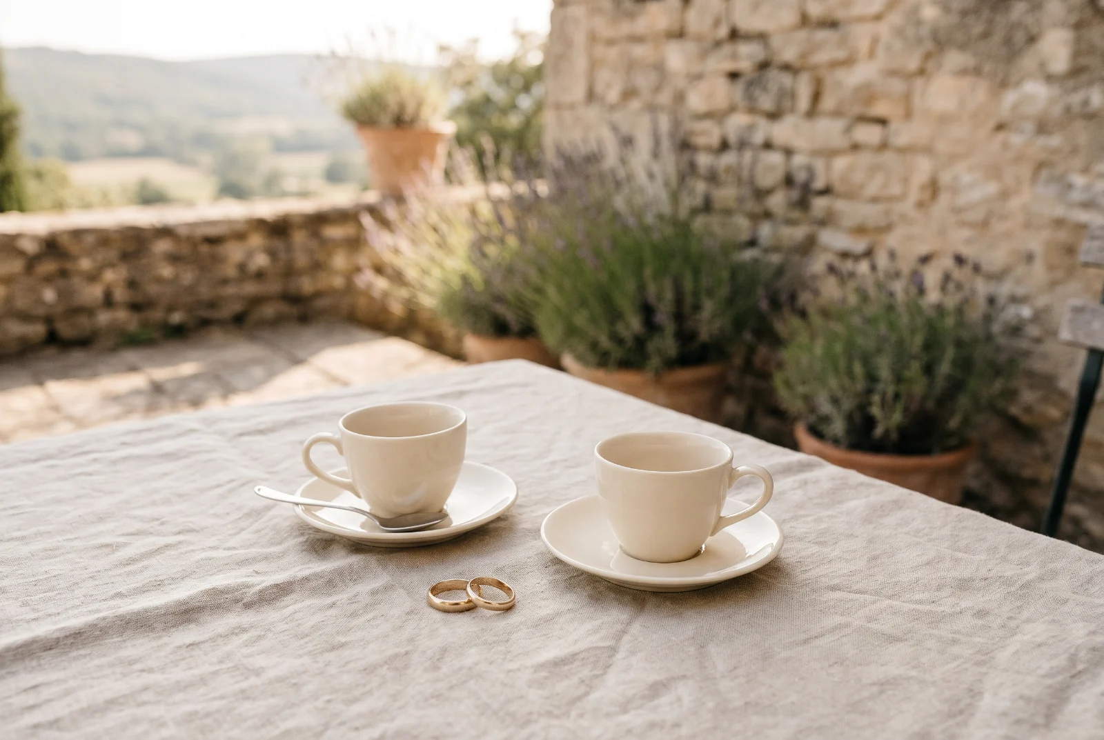 Alliances et tasses sur une table en lin, terrasse ensoleillée d'une maison de pierre