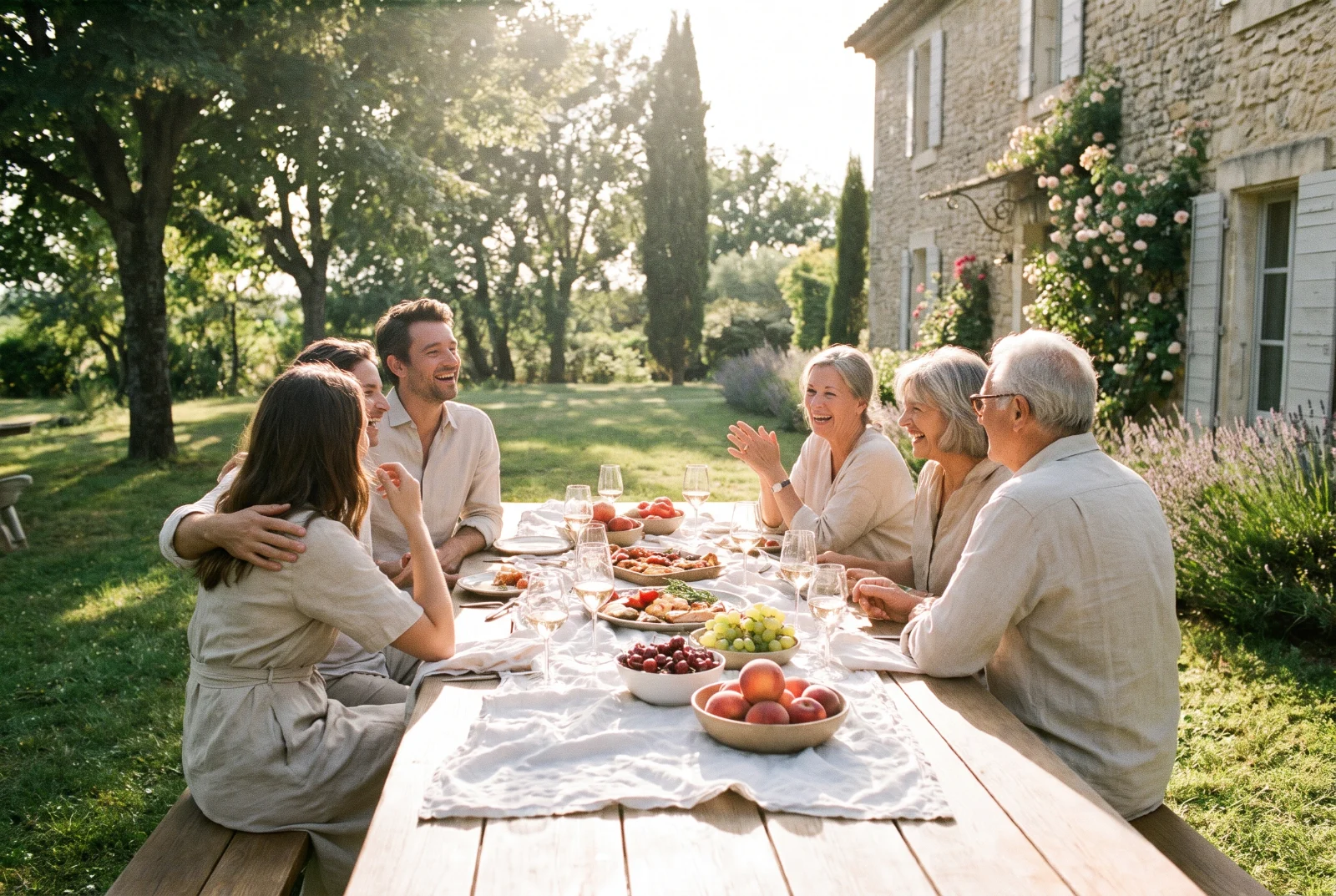 Famille sur trois générations à table dans un jardin ensoleillé