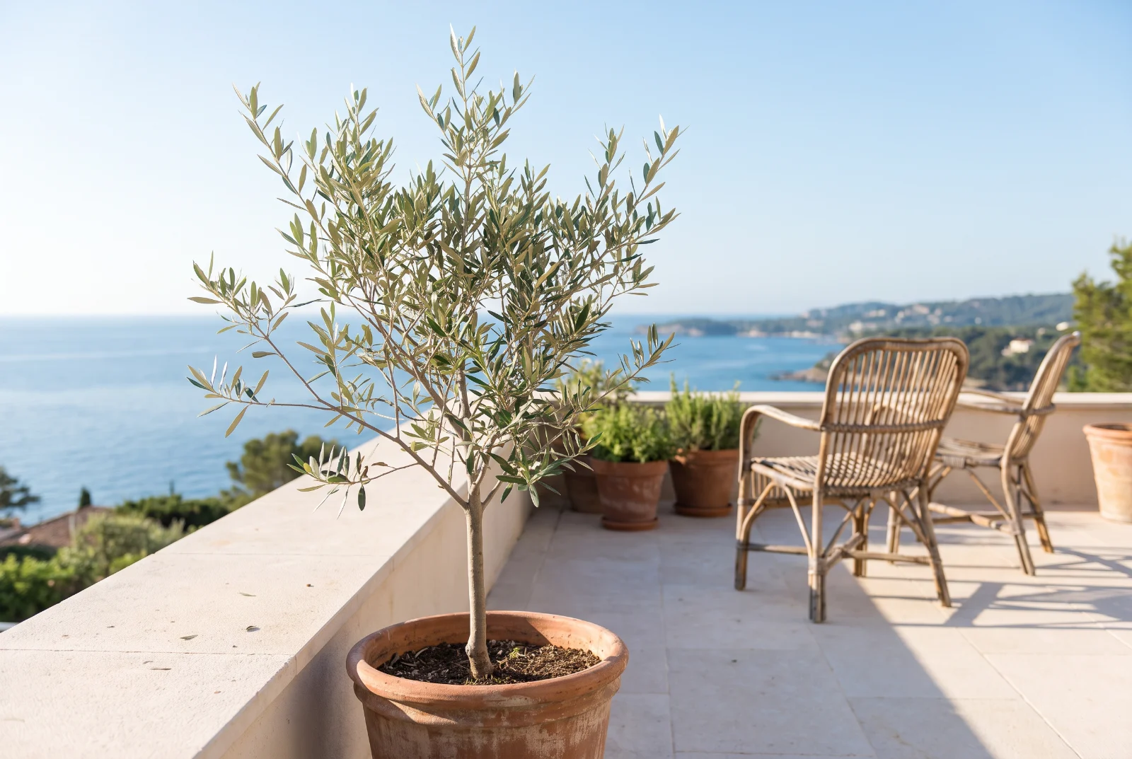Jeune olivier en pot sur une terrasse méditerranéenne lumineuse