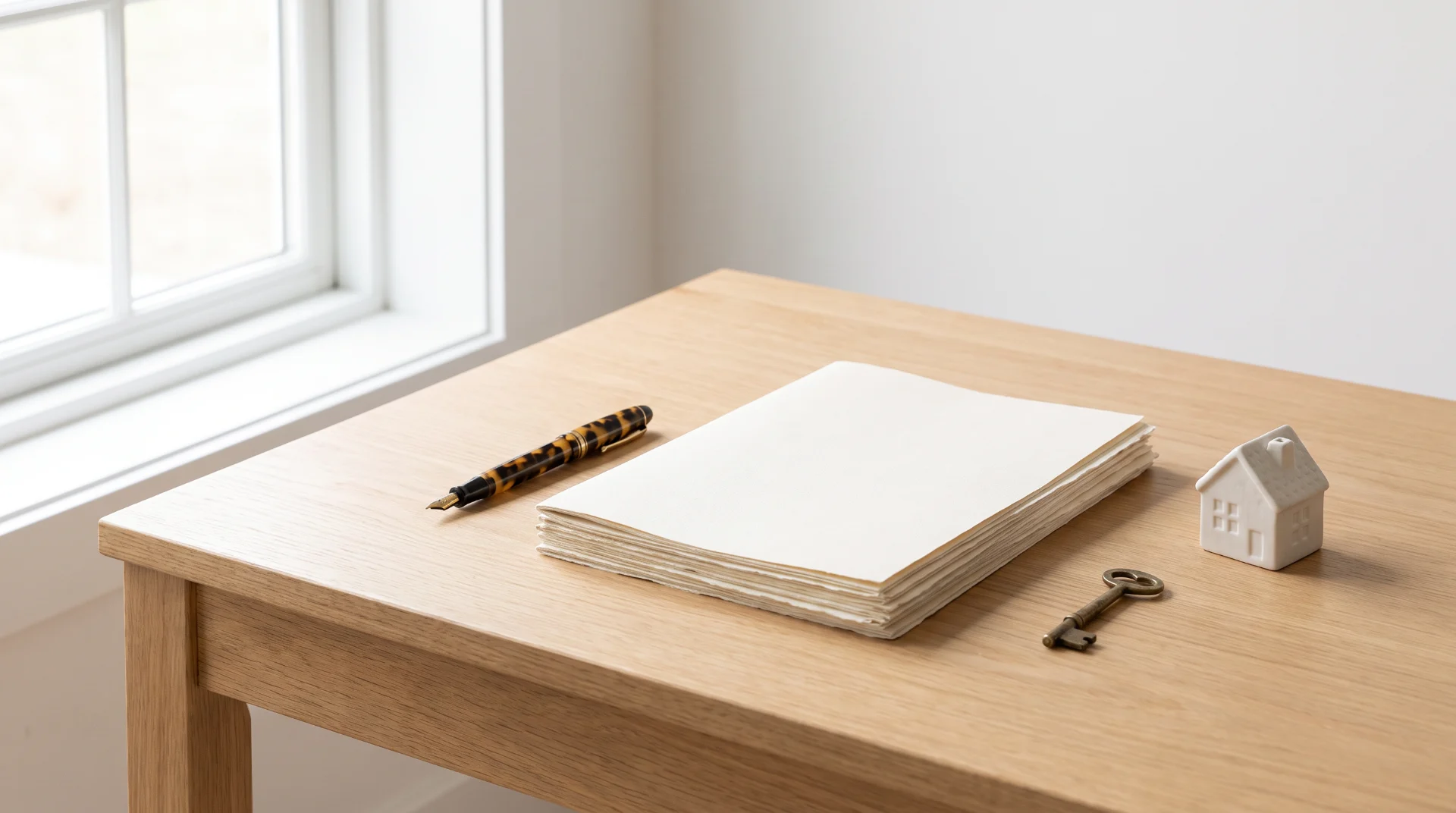 Bureau lumineux avec stylo plume, papiers, clé en laiton et maquette de maison