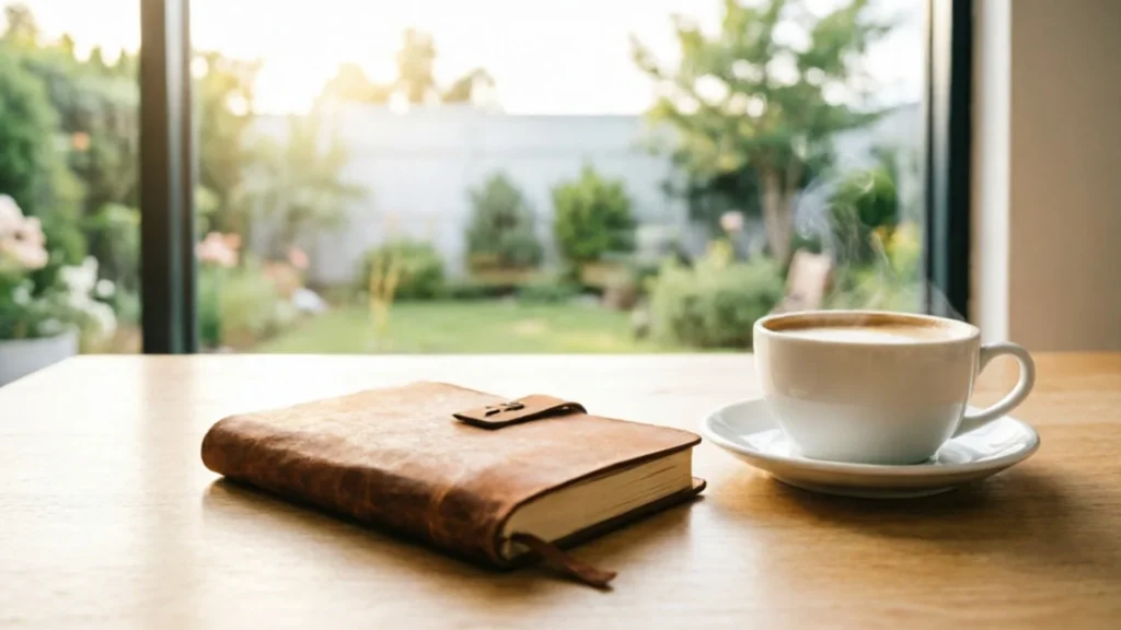 Carnet en cuir et tasse de café sur une table en bois, devant une baie vitrée donnant sur un jardin