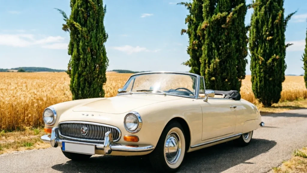 Cabriolet ancien crème garé devant un champ de blé bordé de cyprès