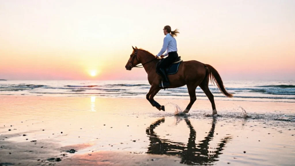 Cavalière au galop sur une plage au coucher du soleil