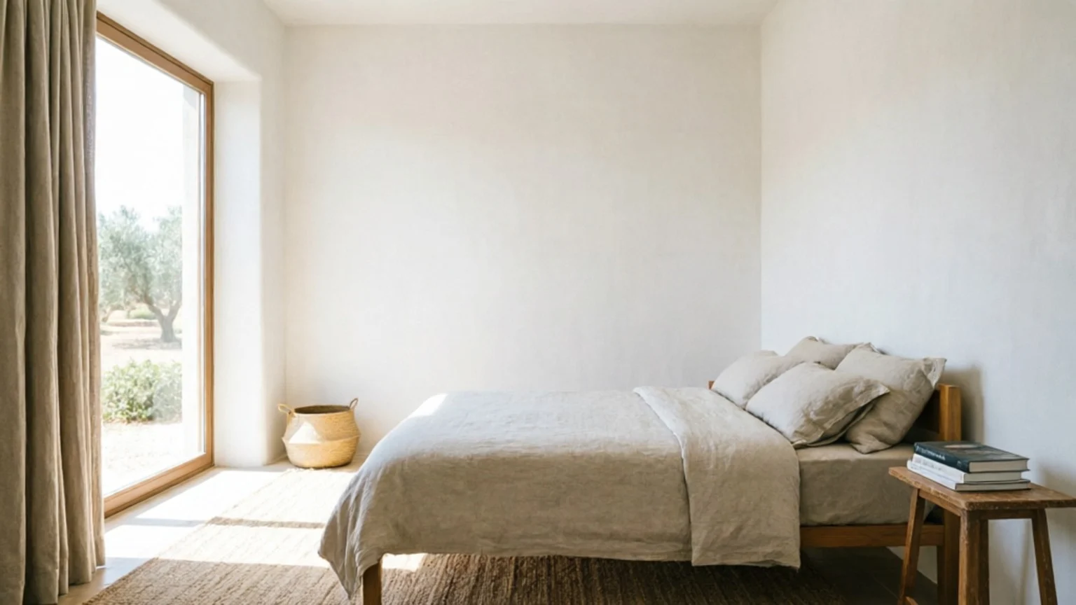 Chambre épurée en lin avec grande baie vitrée ouverte sur des oliviers