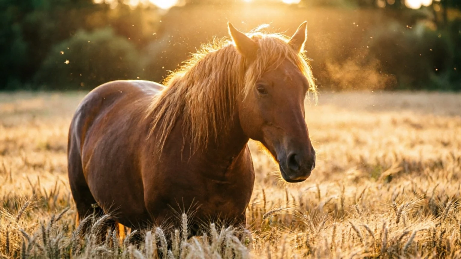 Cheval brun dans un champ de blé doré au coucher du soleil
