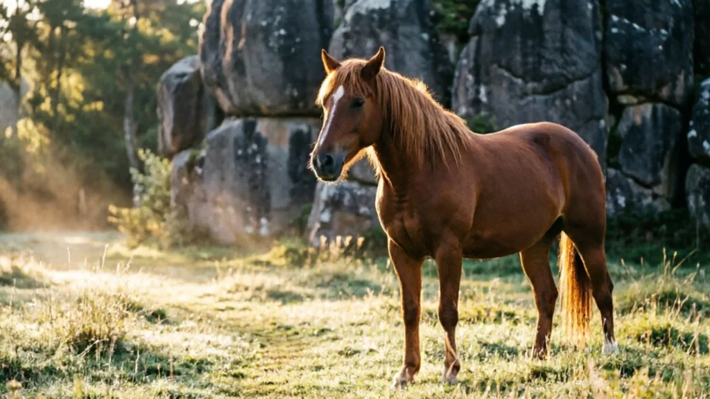 Cheval alezan debout devant un rocher, dans une prairie au petit matin