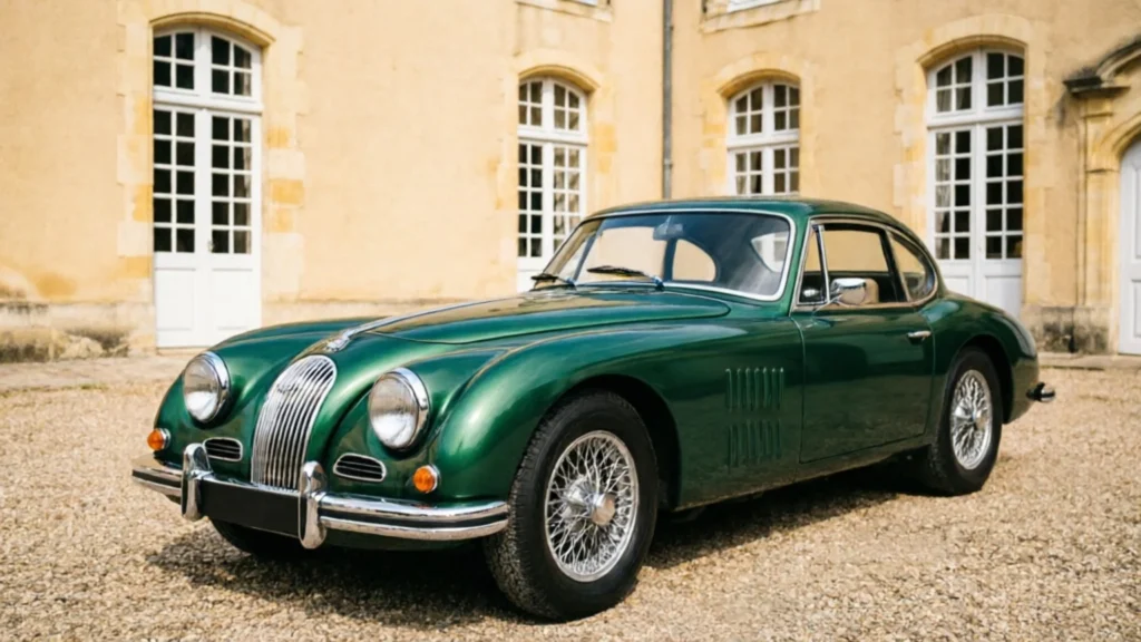 Coupé ancien vert devant la façade en pierre d'un château