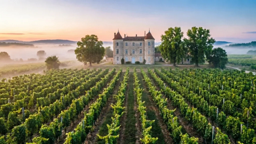 Château au milieu des vignes dans la brume du matin
