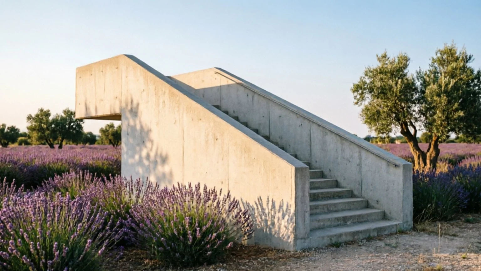Escalier en béton brut entouré de lavande et d'oliviers