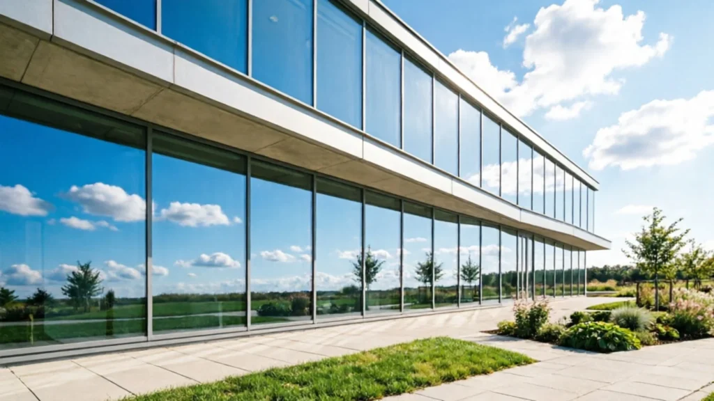Façade moderne vitrée reflétant le ciel, avec jardin paysager