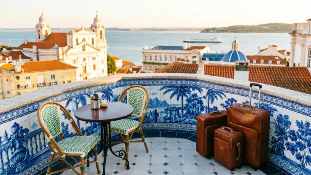Terrasse à Lisbonne ornée d'azulejos bleus, avec table, chaises et valises en cuir