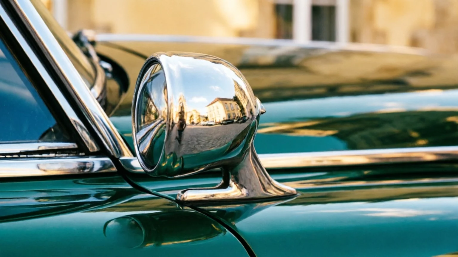 Rétroviseur chromé d'une voiture de collection verte