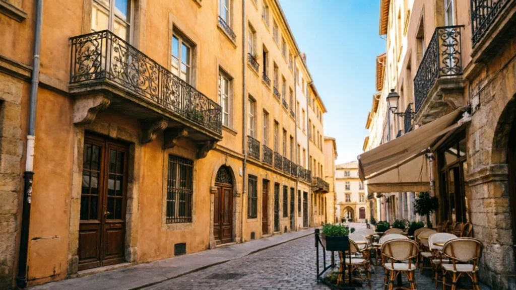 Rue ancienne de Lyon aux façades ocre, avec terrasse de café