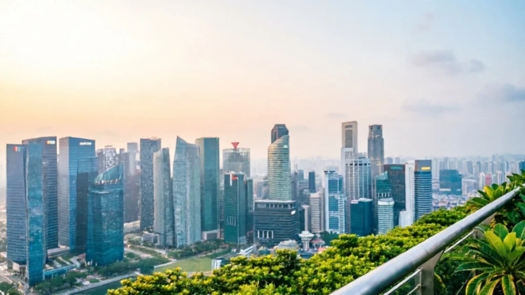Skyline de Singapour au coucher du soleil, vue depuis une terrasse arborée