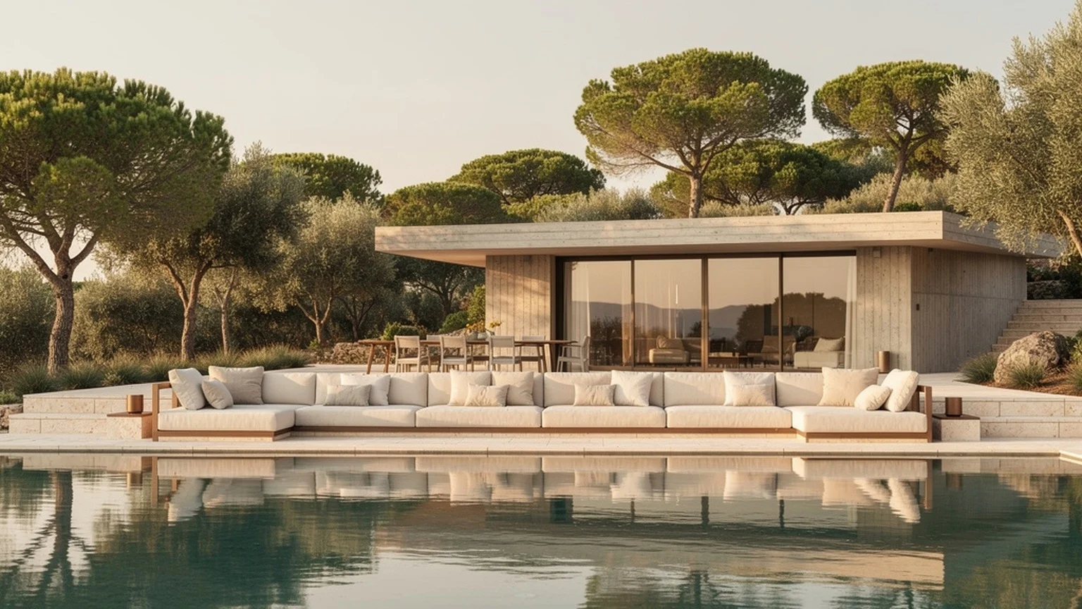 Villa contemporaine au bord d’une piscine, entourée de pins parasols