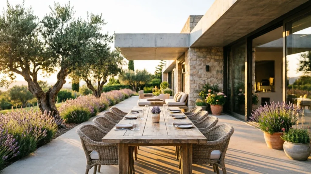 Longue table dressée sur une terrasse entourée d’oliviers et de lavande, devant une villa moderne