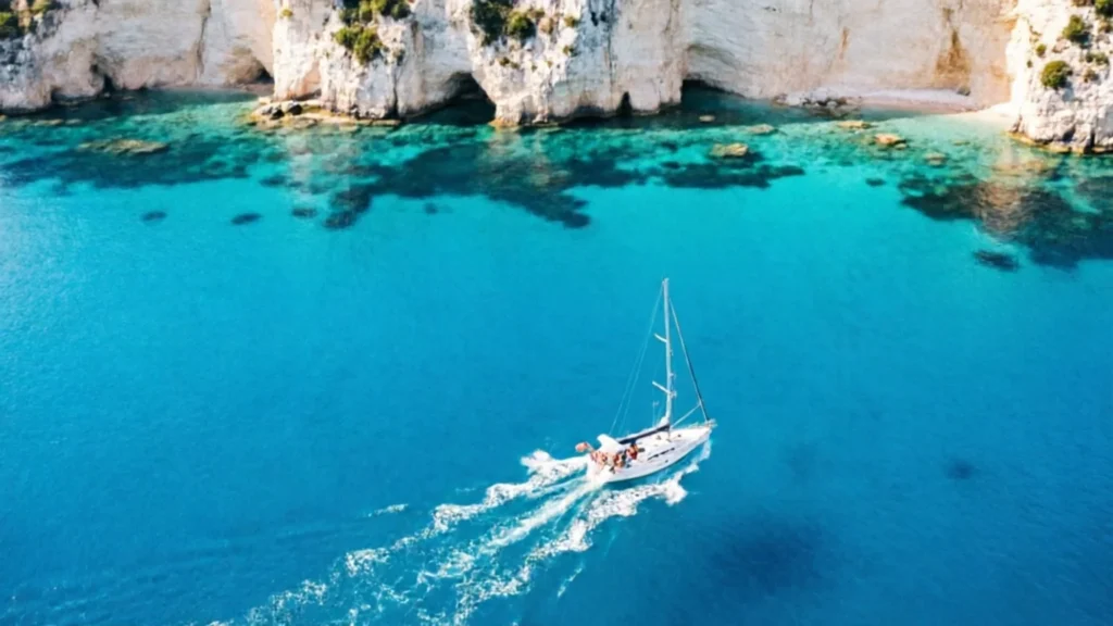 Voilier naviguant dans une crique aux eaux turquoise, au pied de falaises blanches