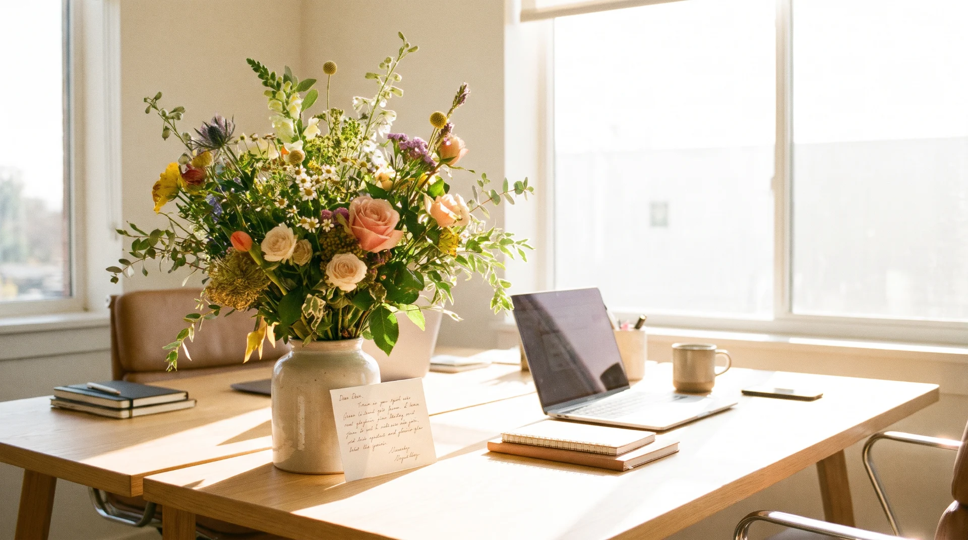 Bouquet de fleurs posé sur un bureau pour un départ à la retraite