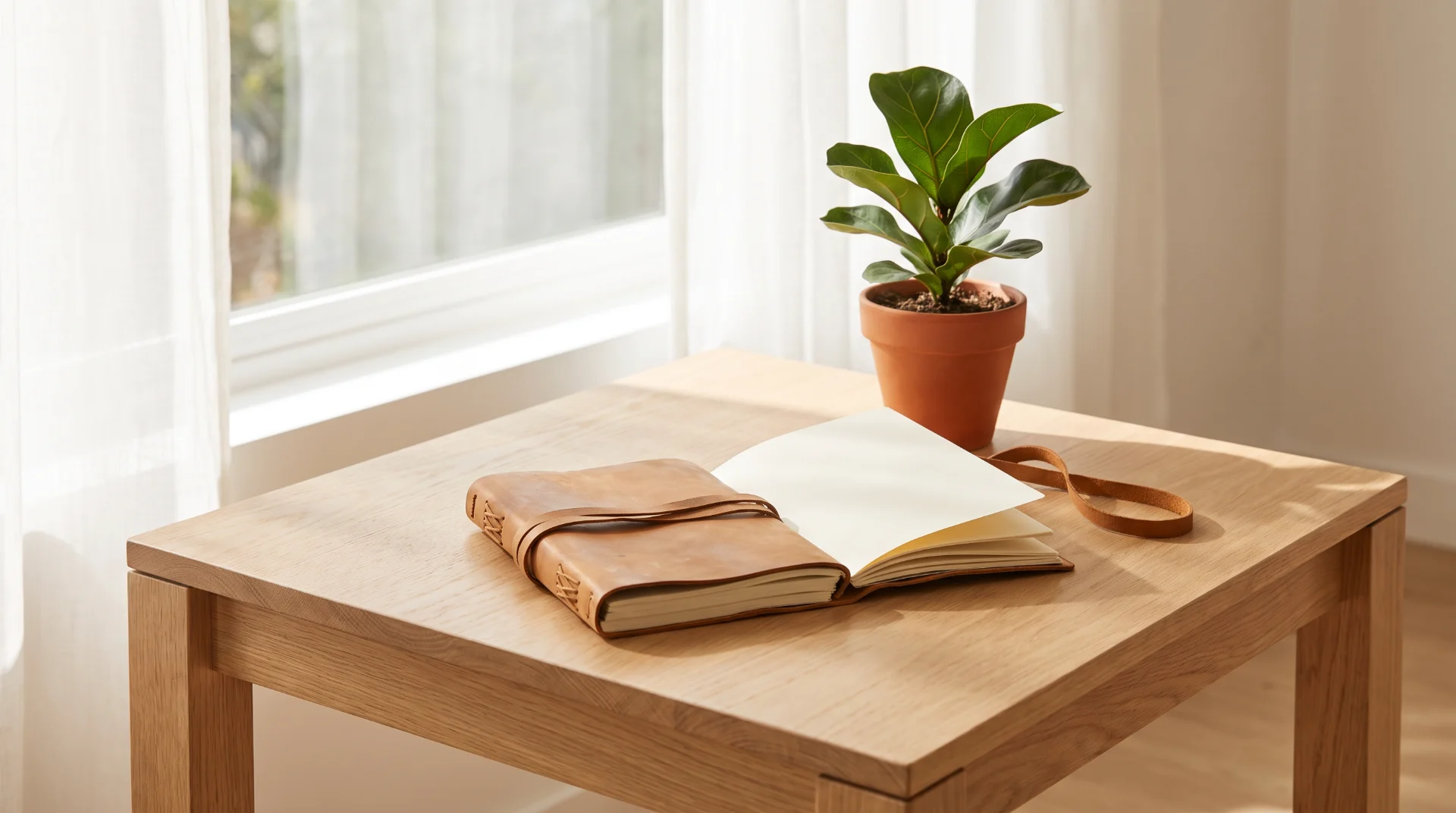 Carnet d'épargne en cuir et plante verte sur un bureau lumineux