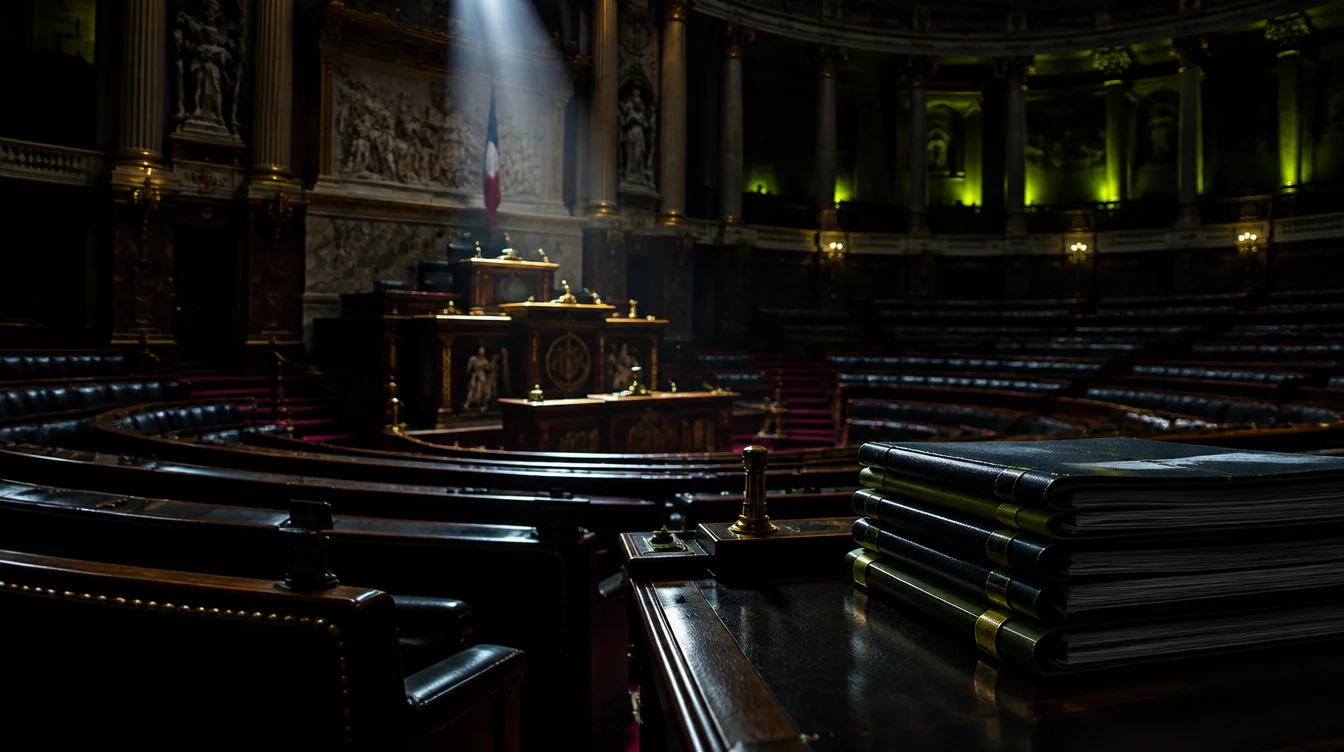 Hémicycle vide de nuit et dossiers budgétaires reliés