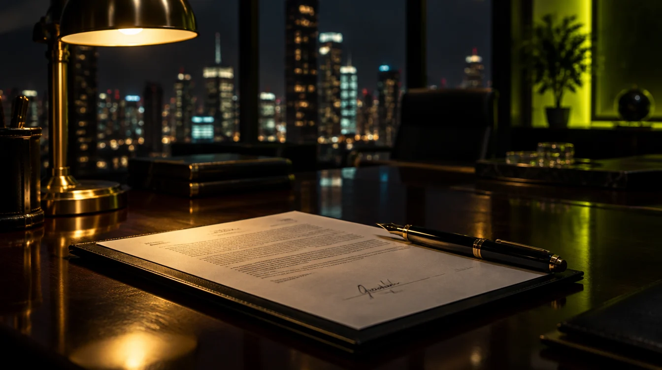 Contrat d'assurance de prêt signé sur un bureau, stylo plume et lampe de bureau